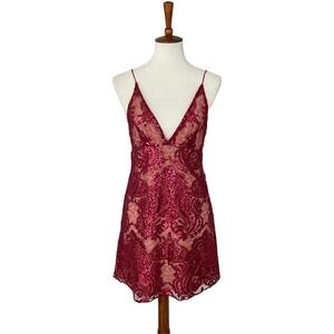 Free People Red Deep V-Neck Night Shimmers Super Mini Dress Size 2
